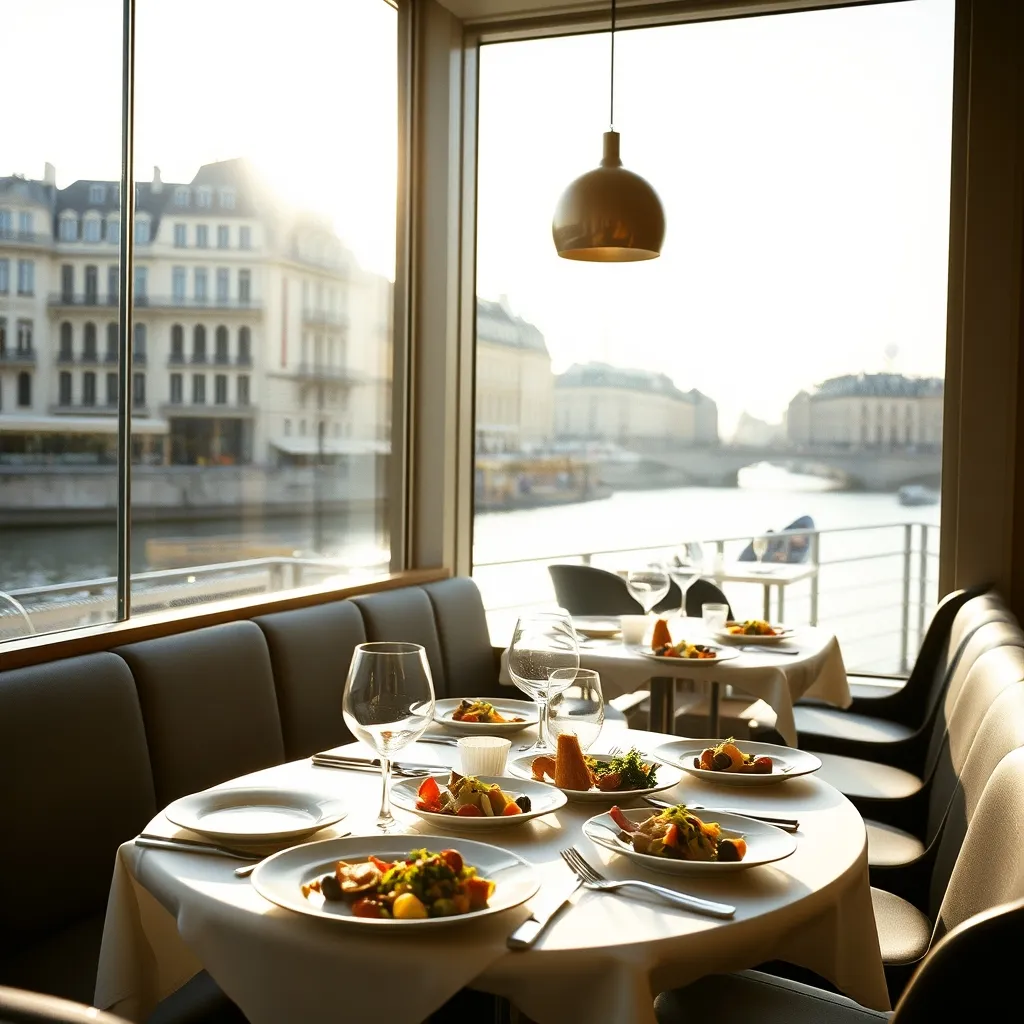 Salle vitrée d'un restaurant gastronomique du quai de Grenelle avec vue directe sur la Seine