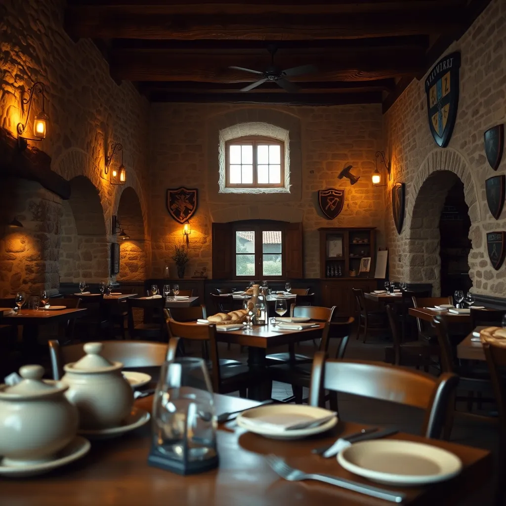 L'intérieur du restaurant évoque un authentique relais gaulois avec ses pierres et poutres apparentes