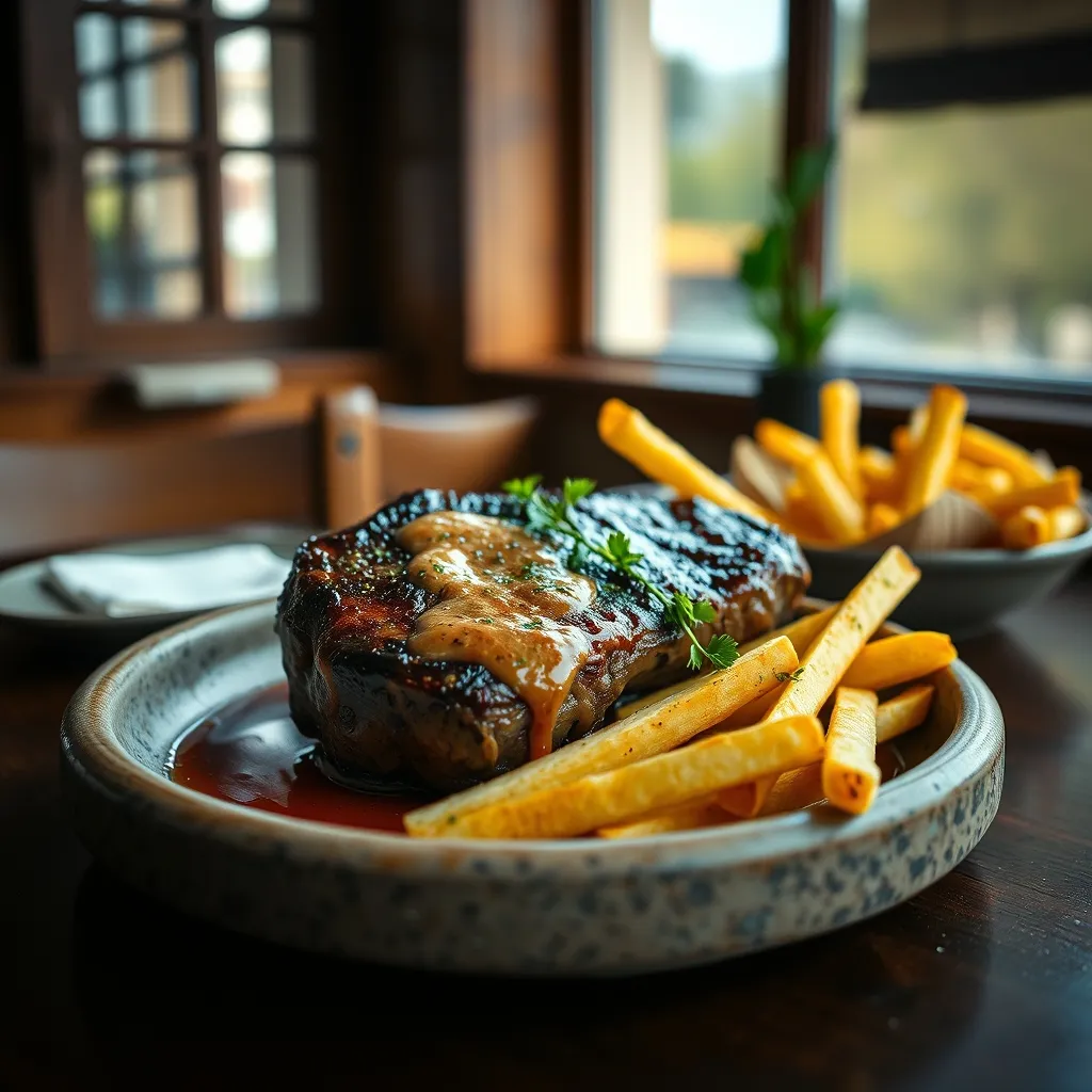 L'entrecôte sauce au poivre accompagnée de frites maison, plat phare de la carte