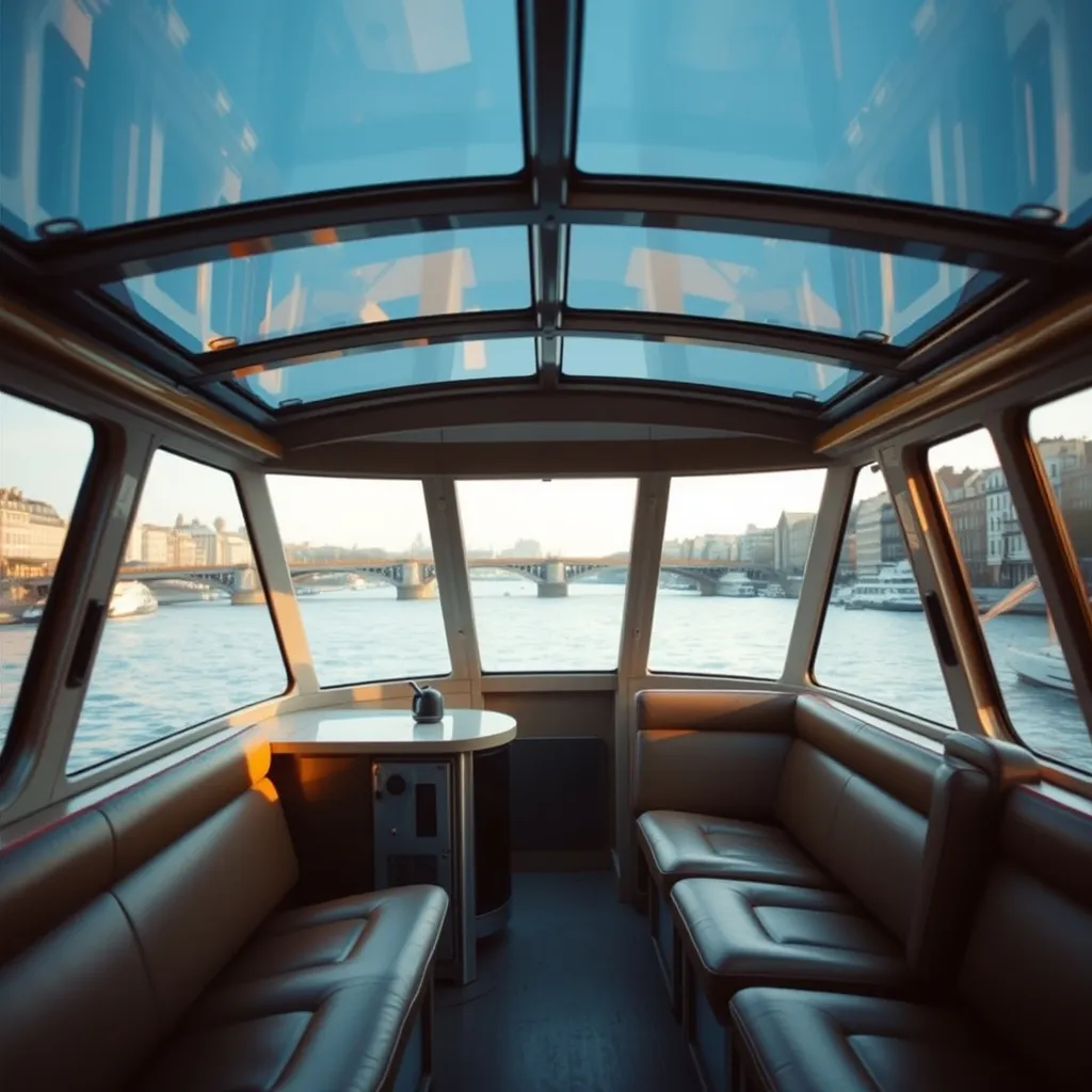 L'intérieur vitré d'un bateau privatisé offre une vue panoramique sur les ponts de Paris