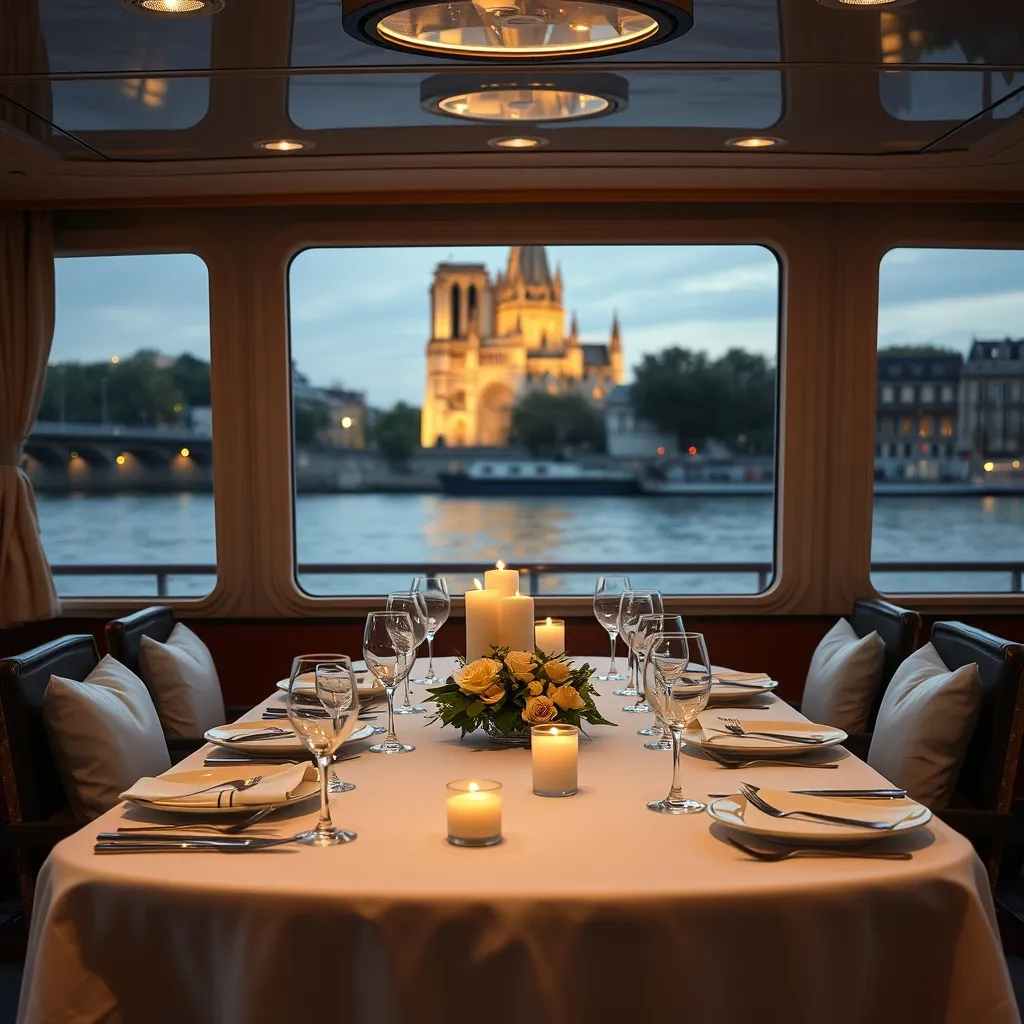 Table dressée pour un dîner gastronomique à bord, Notre-Dame en toile de fond