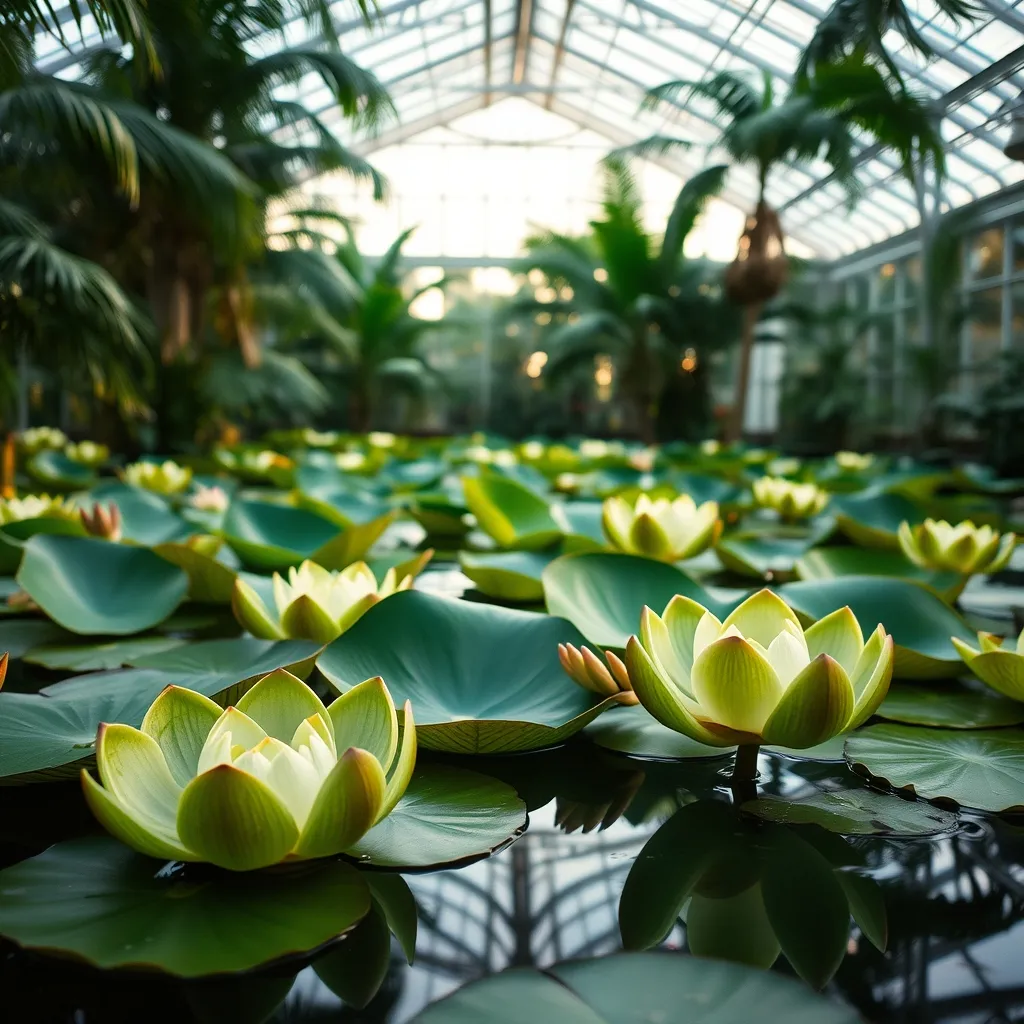 Nénuphars géants Victoria amazonica dans le bassin central de la serre tropicale