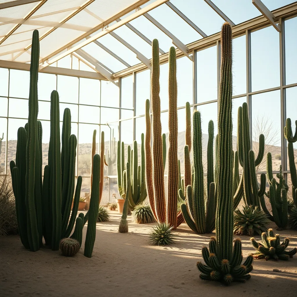 La serre des déserts et milieux arides abrite des cactus centenaires venus du Mexique et du Sahara