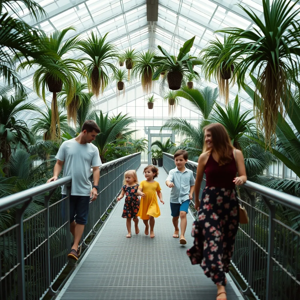 La passerelle en hauteur de la serre tropicale offre un point de vue unique sur la canopée