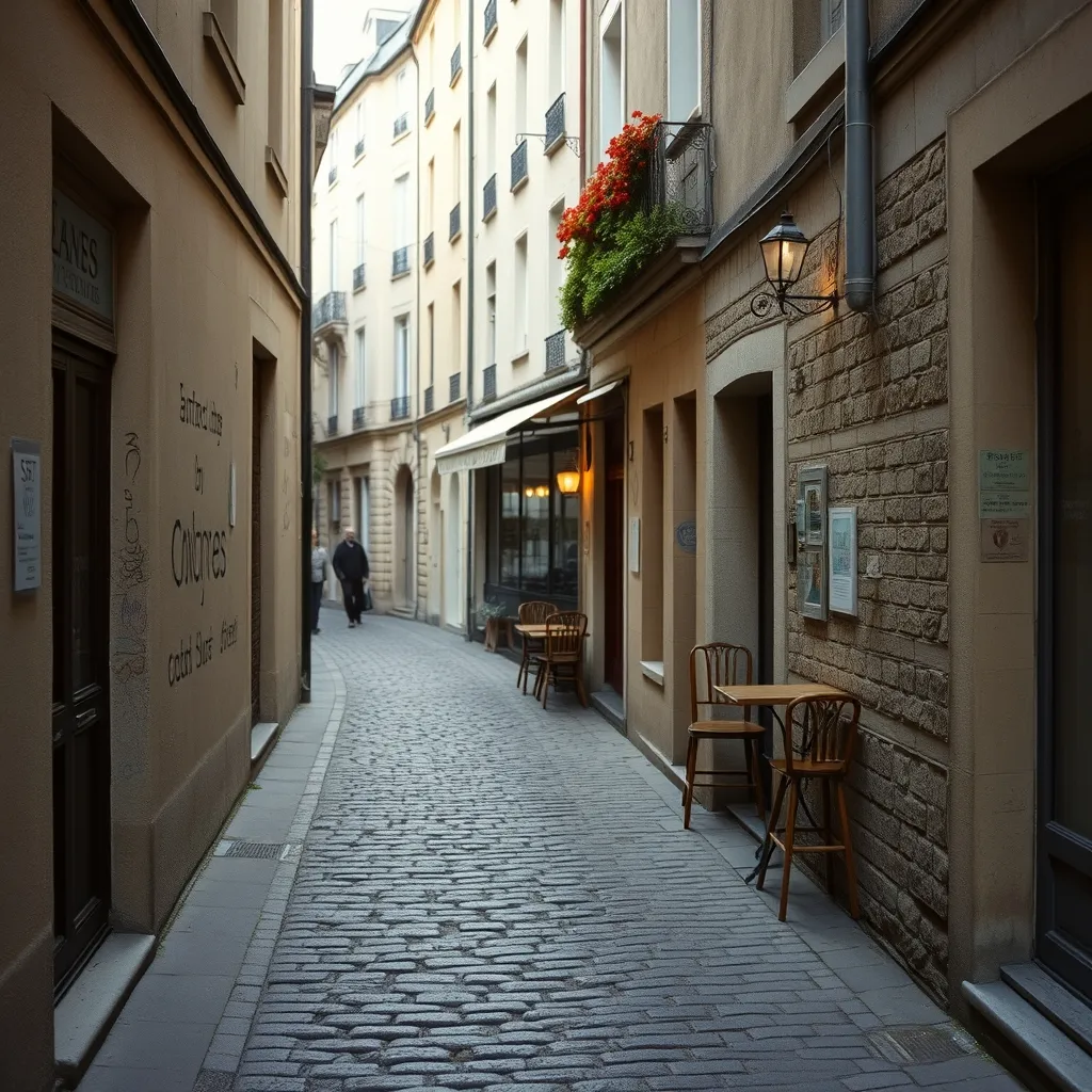 Ruelle de la Butte-aux-Cailles ornée de pochoirs et collages d'artistes urbains