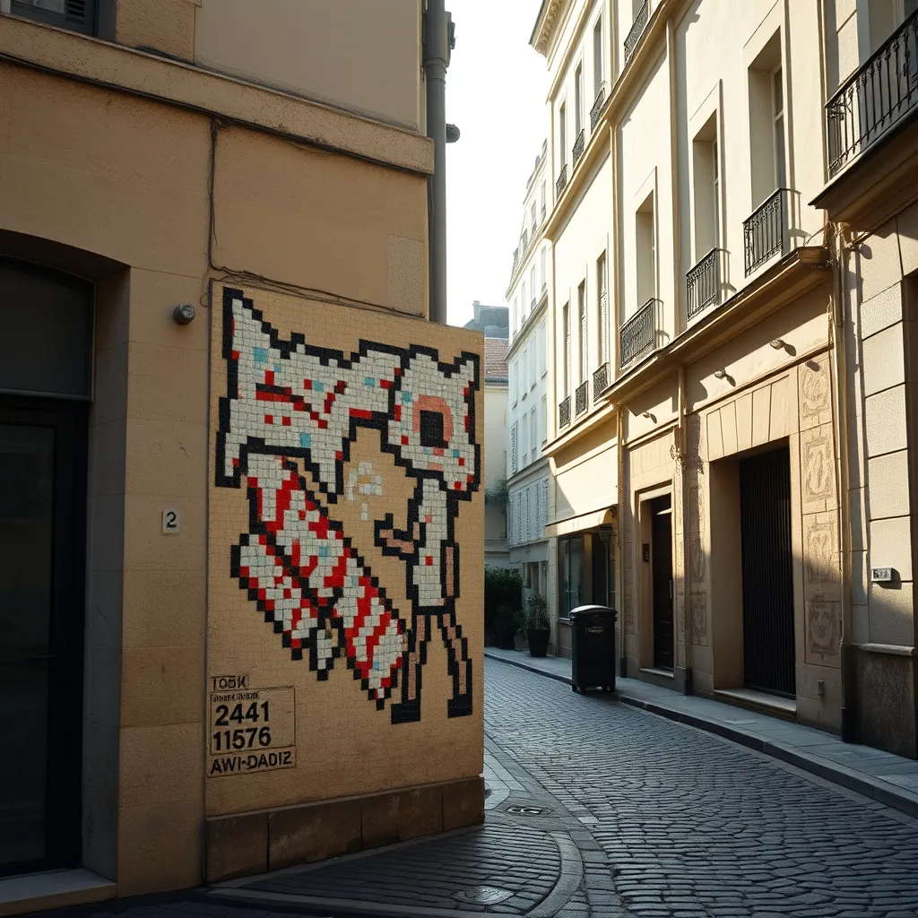 Mosaïque pixelisée d'Invader nichée sur un mur du 19e arrondissement
