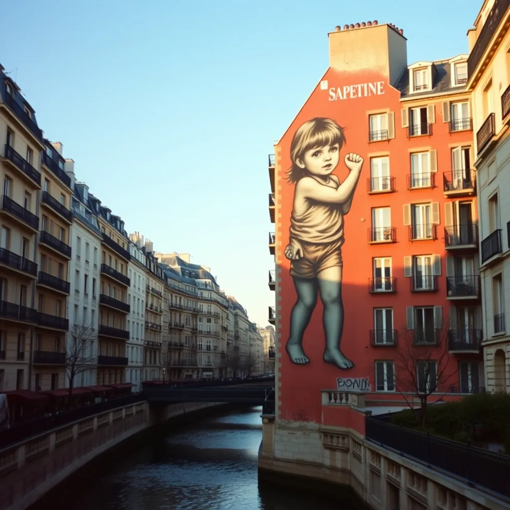 Fresque monumentale figurative sur un pignon d'immeuble près du canal de l'Ourcq