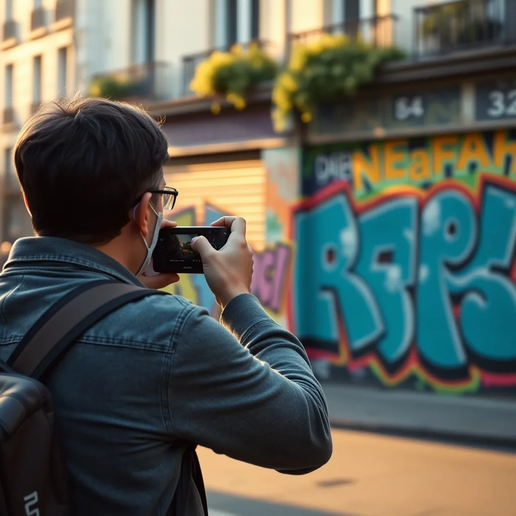 Visiteur photographiant une fresque vibrante rue Petit dans le 19e arrondissement