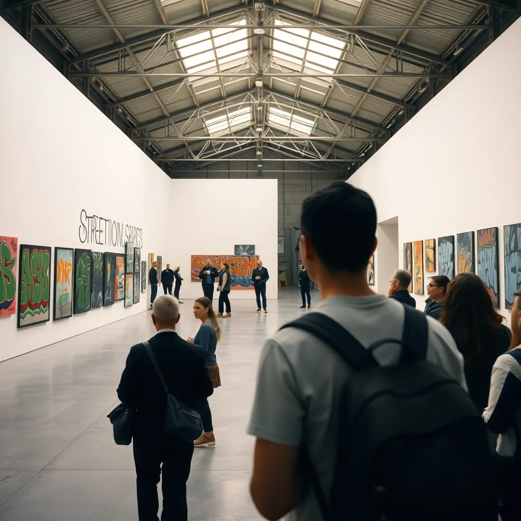 Visiteurs découvrant des œuvres d'art urbain dans une grande halle d'exposition parisienne