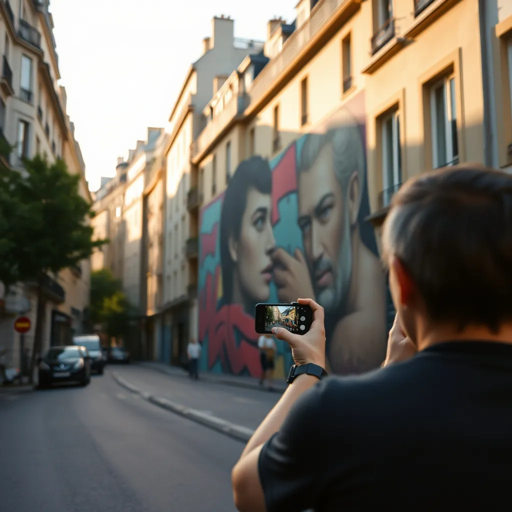 Promeneur admirant une fresque du boulevard Vincent Auriol dans le 13e arrondissement de Paris
