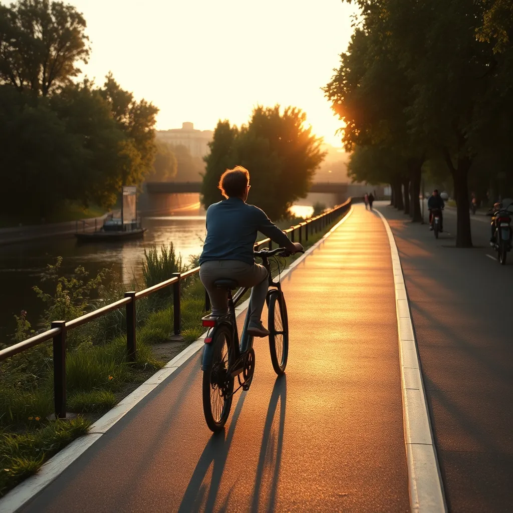 Cycliste en VAE sur une piste cyclable le long de la Seine, un trajet quotidien facilité par la subvention régionale