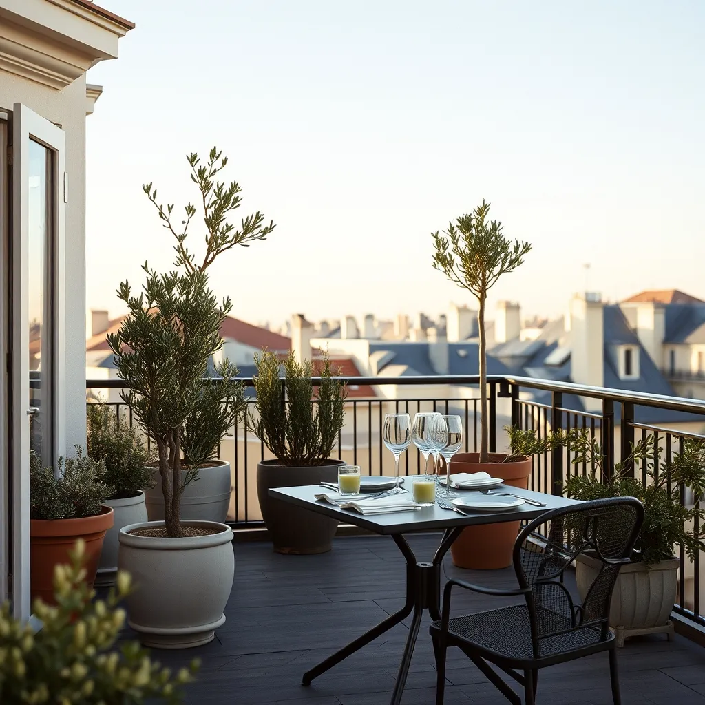 Terrasse aménagée sur un toit du 16e arrondissement avec vue sur les toits en zinc