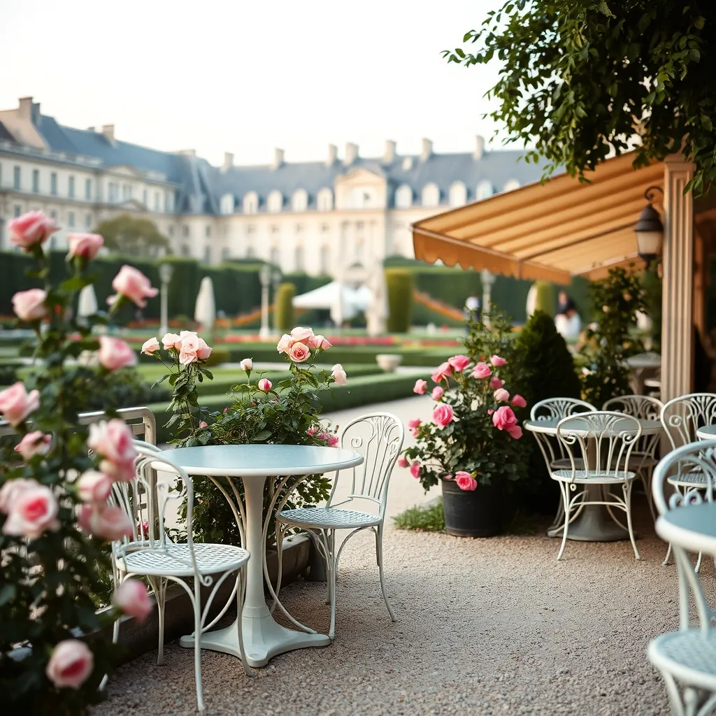Restaurant en terrasse dans un jardin public parisien, entre rosiers et gravier