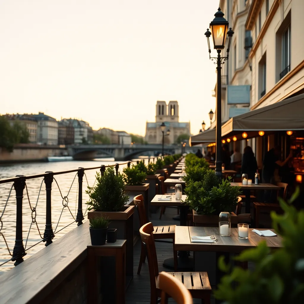 Terrasse en bord de Seine à l'heure dorée avec vue sur les monuments parisiens