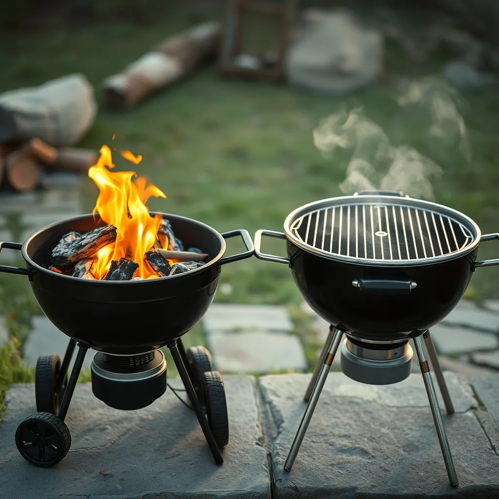 Comparaison visuelle entre un barbecue à charbon et un modèle électrique sans flamme ni braise