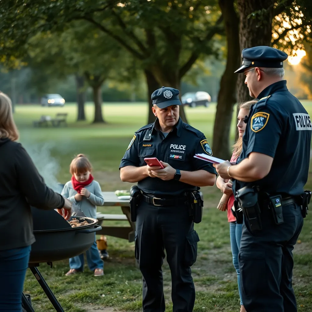 Un agent de police municipale échangeant avec des usagers sur les règles de barbecue dans un parc