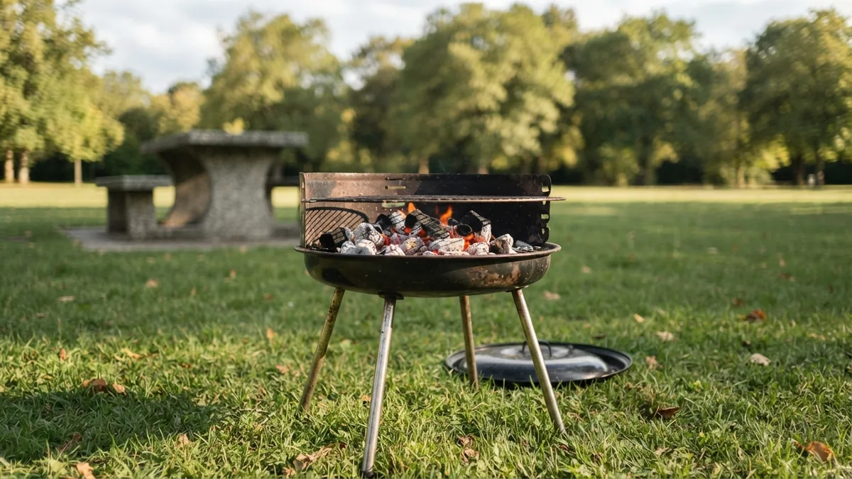 Barbecue au charbon posé sur trois pieds métalliques, surélevé au-dessus de la pelouse dans un parc