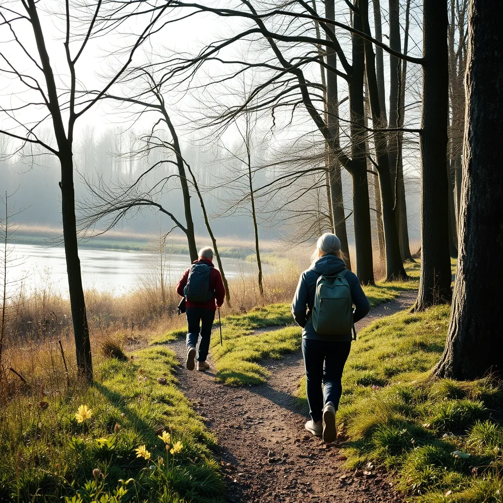 Sentier de randonnée longeant les berges boisées des étangs de Hollande au printemps