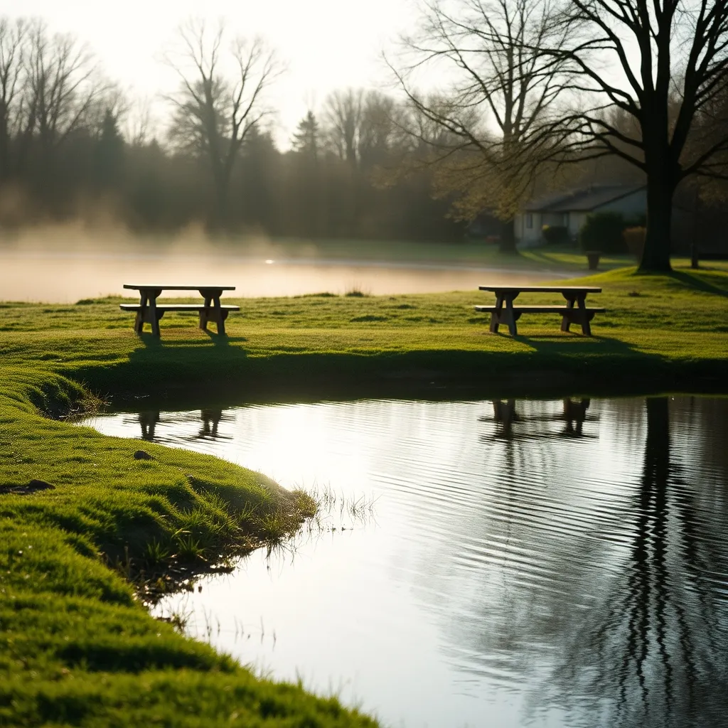 Le plan d'eau de Brûlon au petit matin, un cadre paisible pour la promenade