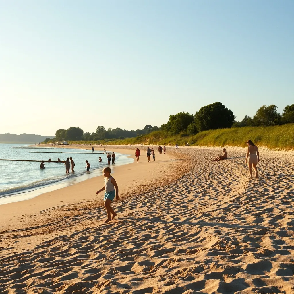 La plage de sable aménagée avec sa zone de baignade surveillée en été