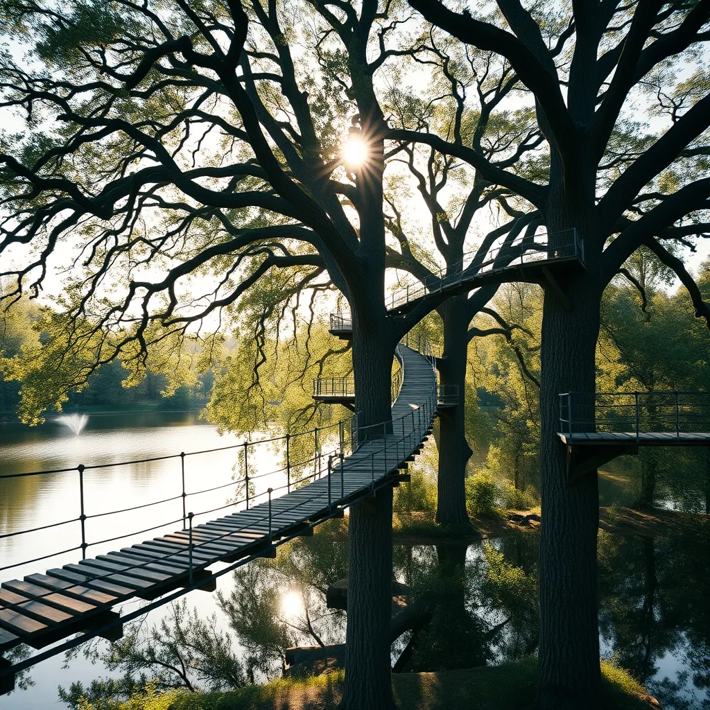 Le parcours accrobranche surplombe les plans d'eau avec des tyroliennes et des ponts de singe