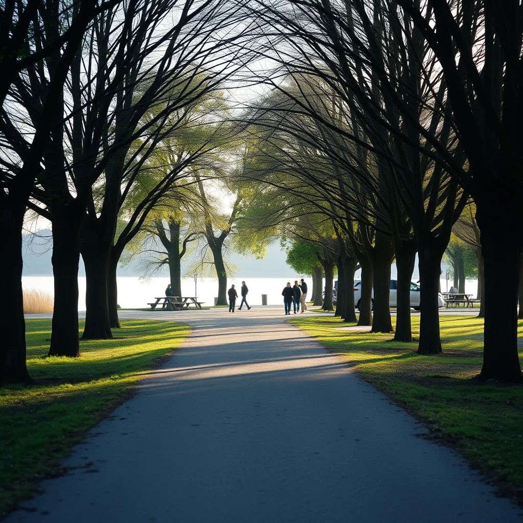 L'allée principale menant au lac, bordée d'arbres et d'aires de pique-nique