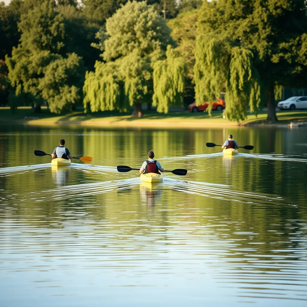 Kayakistes sur le plan d'eau principal du Port aux Cerises en été