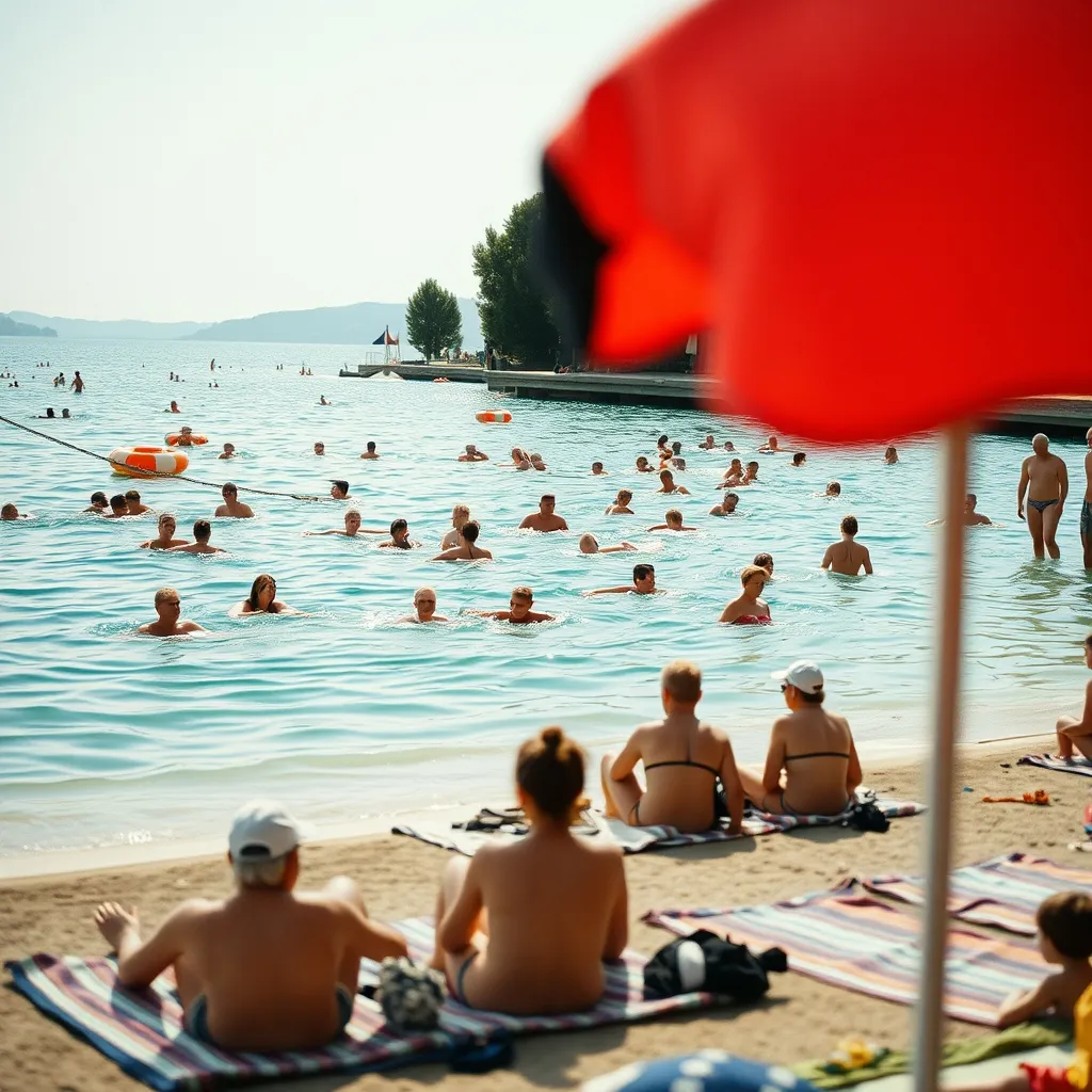 Zone de baignade surveillée dans une île de loisirs régionale en plein été