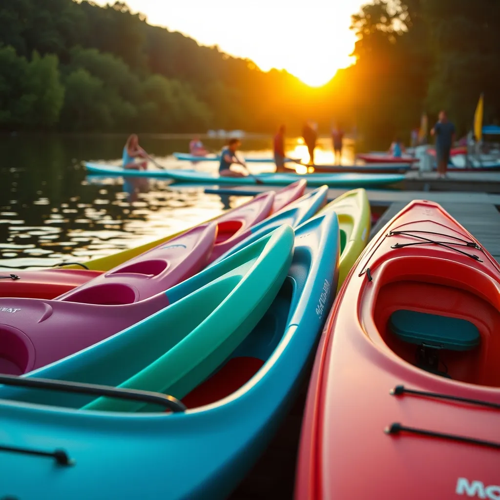 Kayaks et paddles prêts à partir sur le plan d'eau d'une base de loisirs