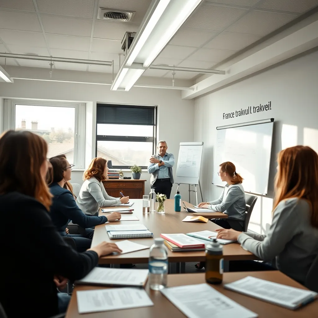 Atelier collectif dans une agence France Travail avec un conseiller et des participants