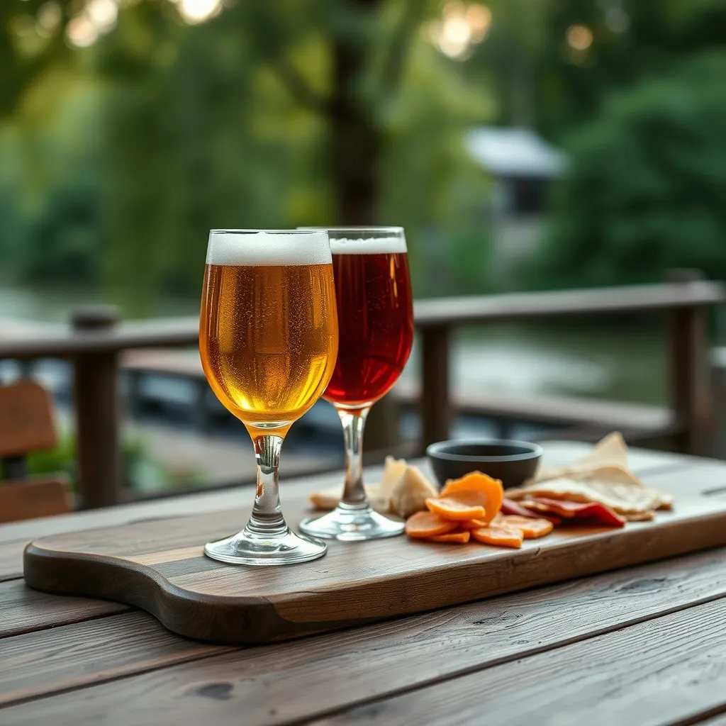 Planche apéro et bières artisanales sur une table de guinguette francilienne
