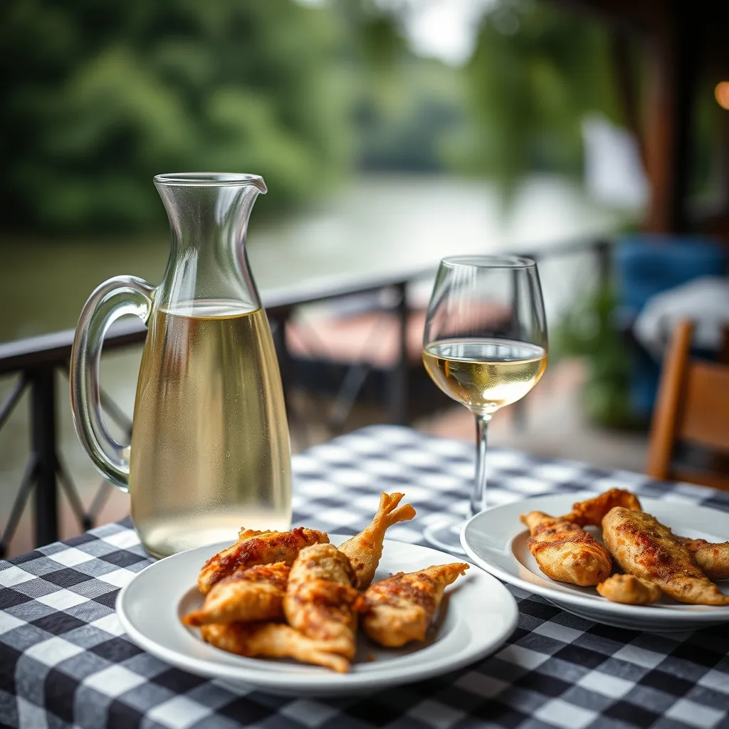 Pichet de vin blanc et friture de goujons, les classiques de la table en guinguette