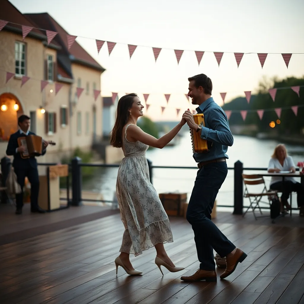 Un couple danse la valse sur la piste en plein air d'une guinguette traditionnelle