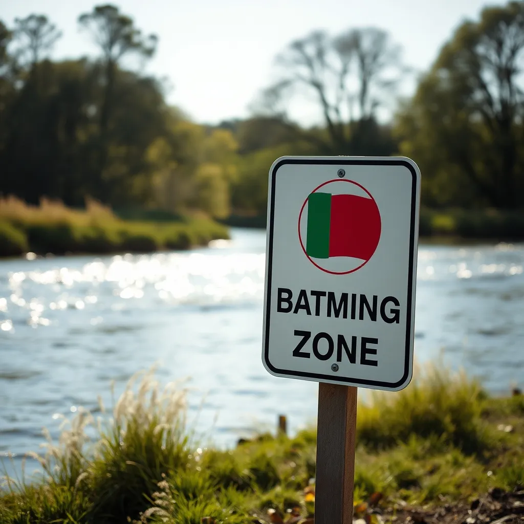 Panneau de signalisation d'une zone de baignade autorisée en bord de rivière