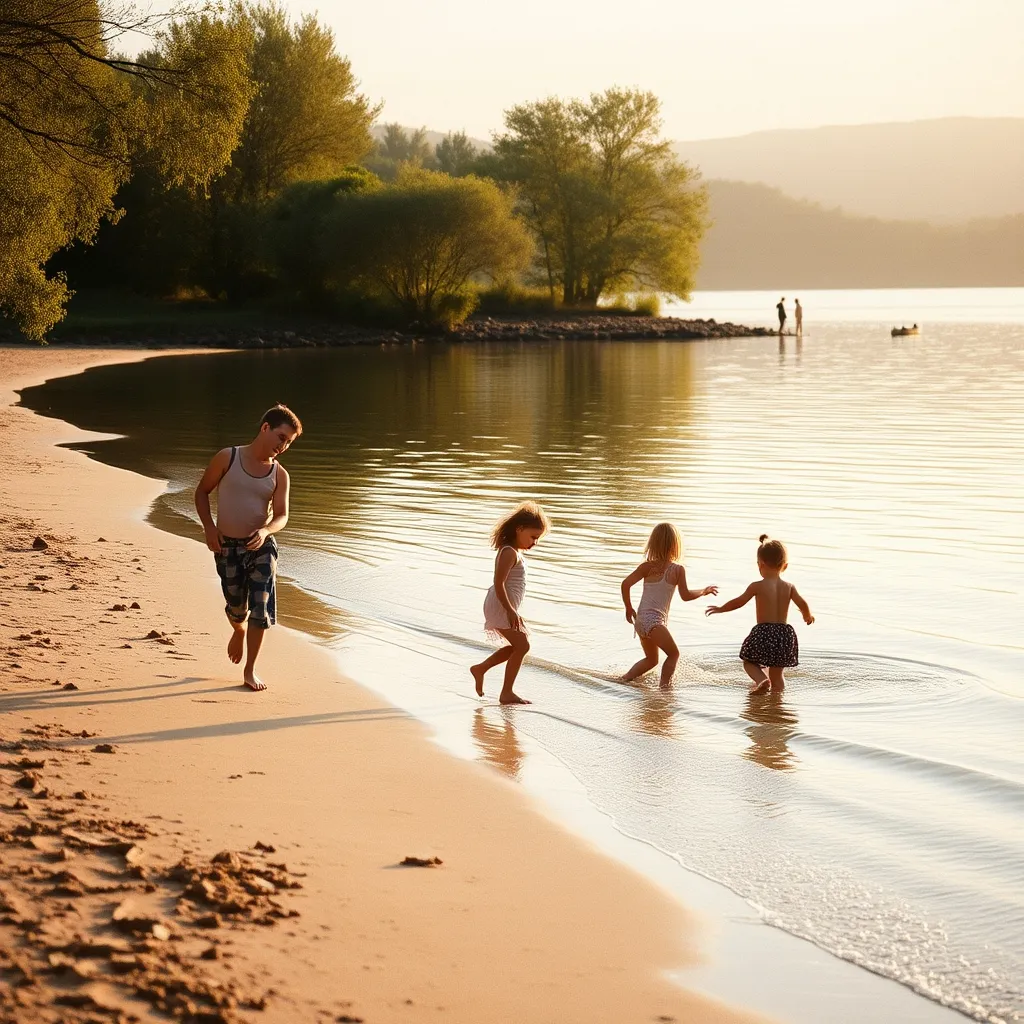 Famille au bord d'un plan d'eau naturel autorisé à la baignade en grande couronne