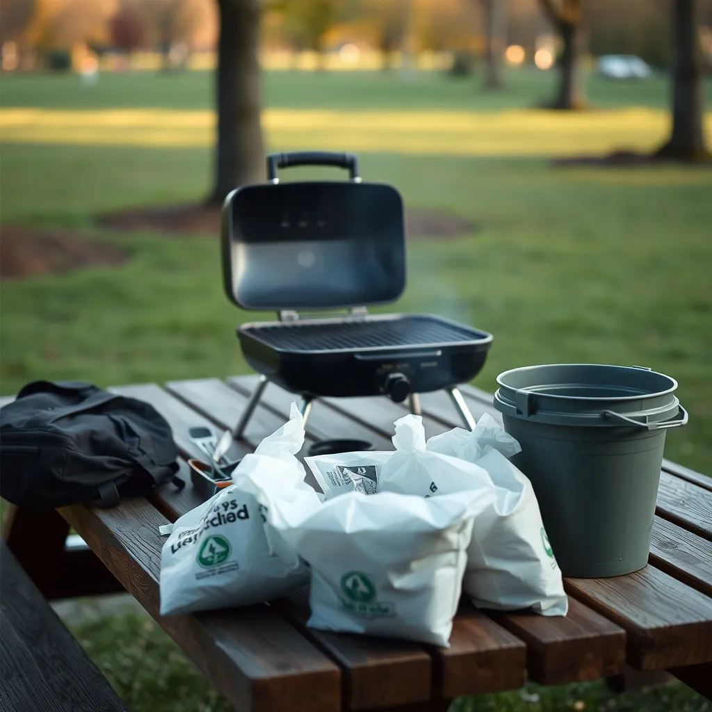 Le matériel indispensable pour un barbecue en parc public : grille surélevée, seau d'eau et sacs poubelle