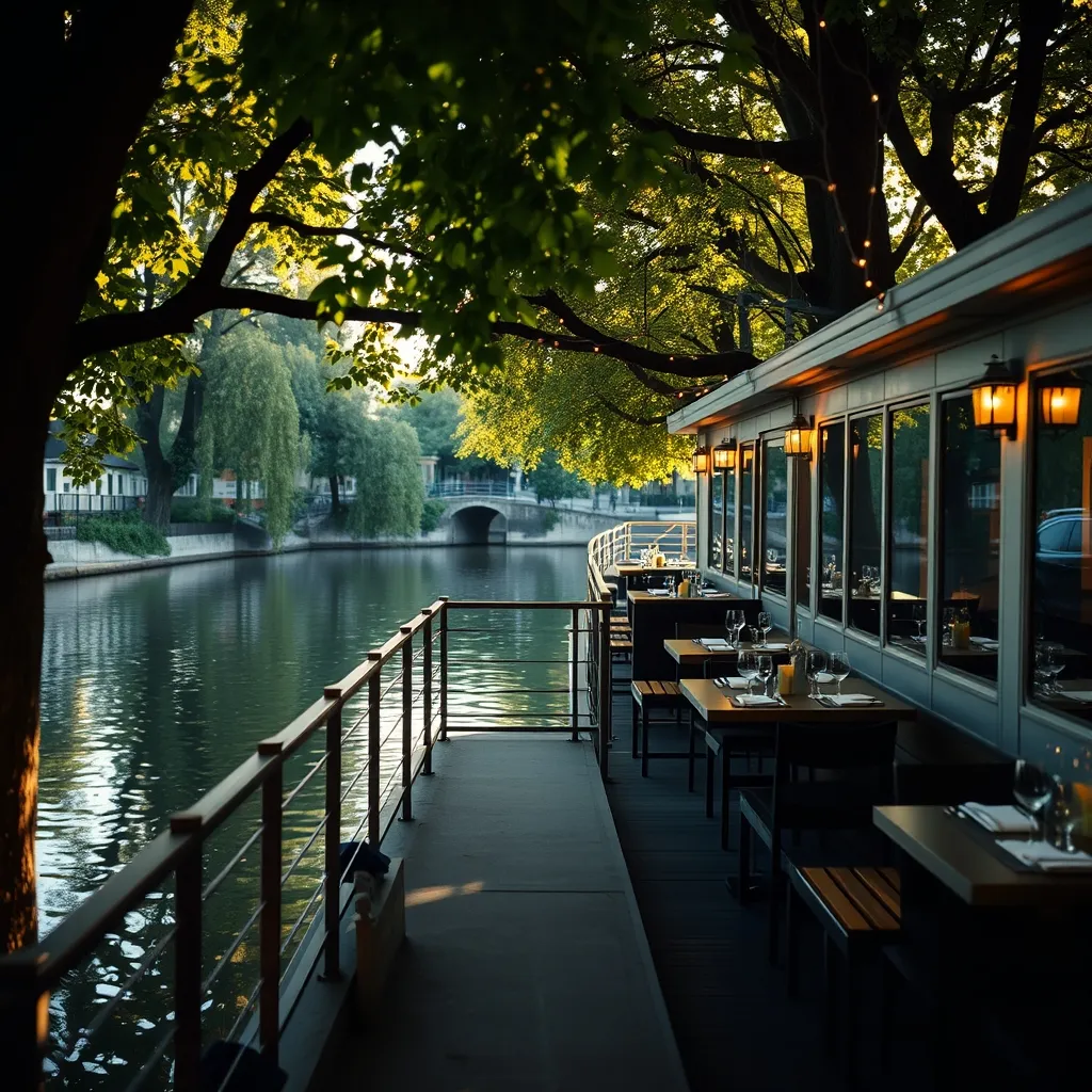 Terrasse aménagée sur le pont d'une péniche en bord de Seine, en banlieue parisienne