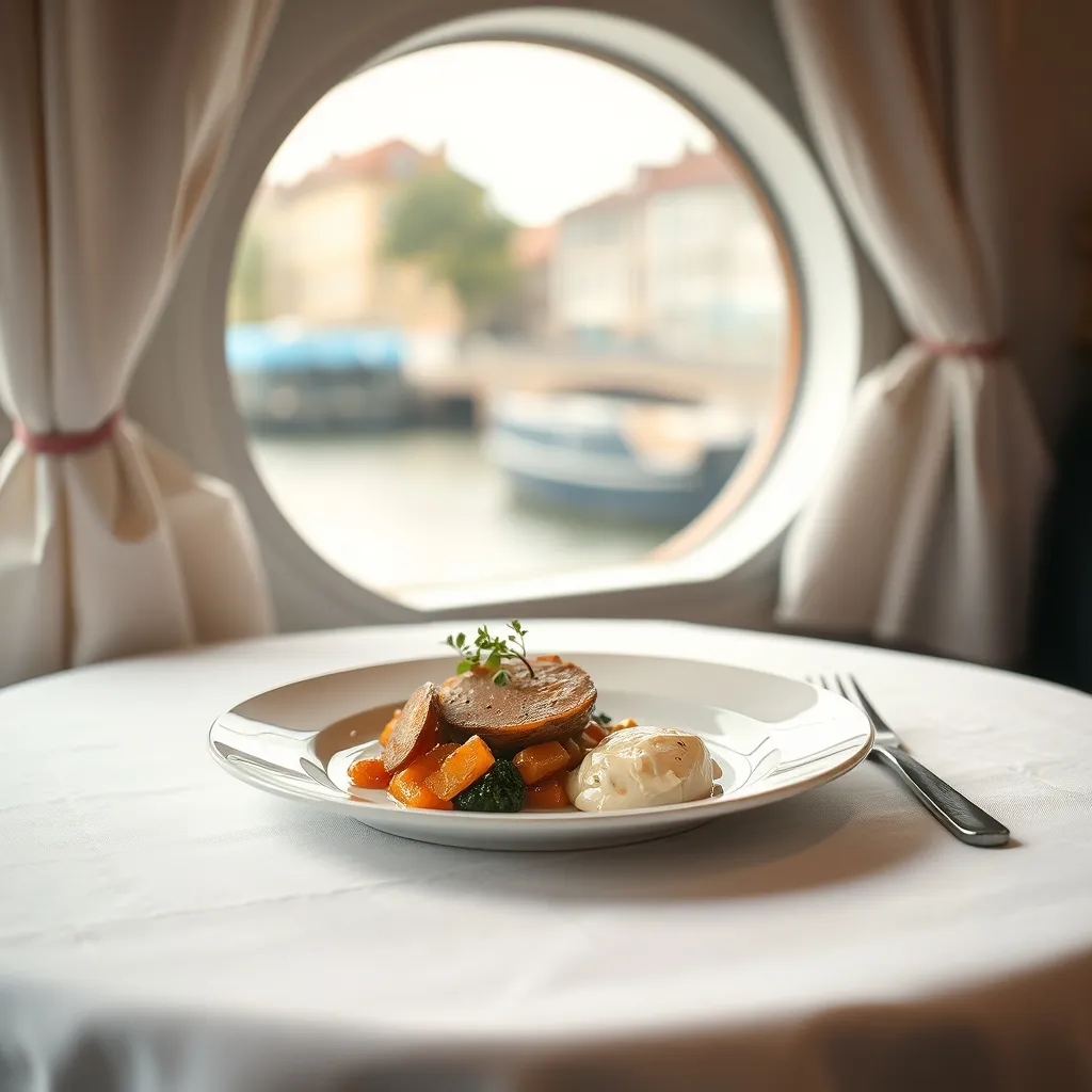 Assiette dressée dans la salle intérieure d'une péniche, hublot ouvert sur le fleuve