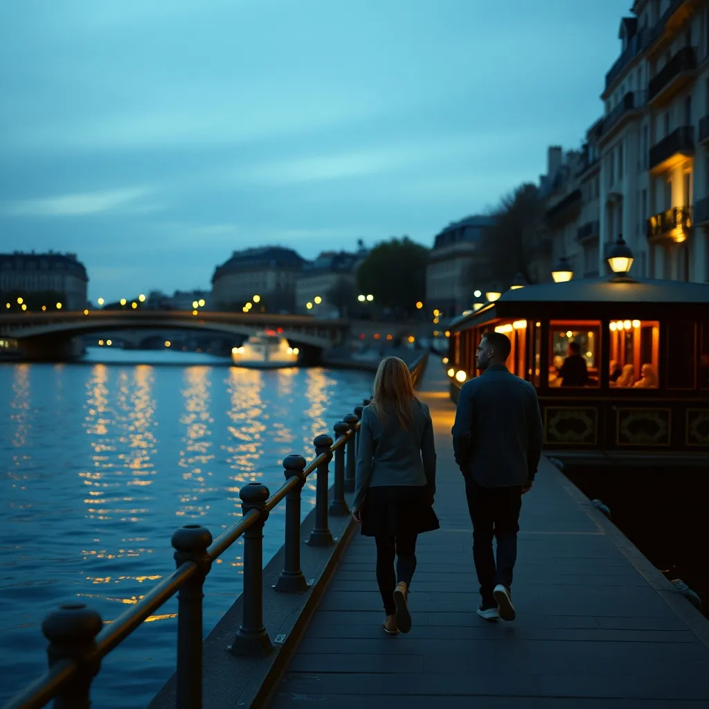 Promenade sur les quais vers une péniche illuminée à la tombée du jour