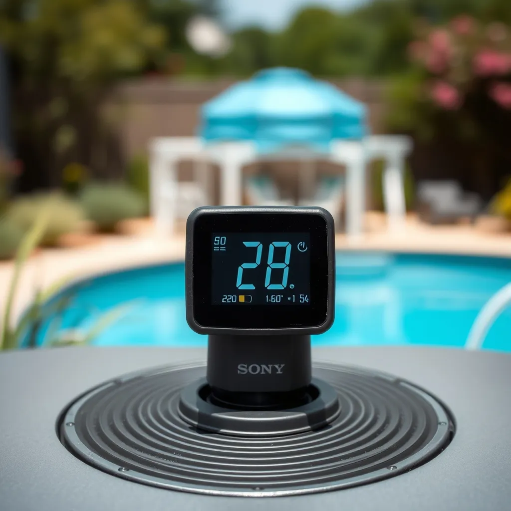 Affichage de la température sur le panneau de commande d'une PAC piscine réglée à 28 °C