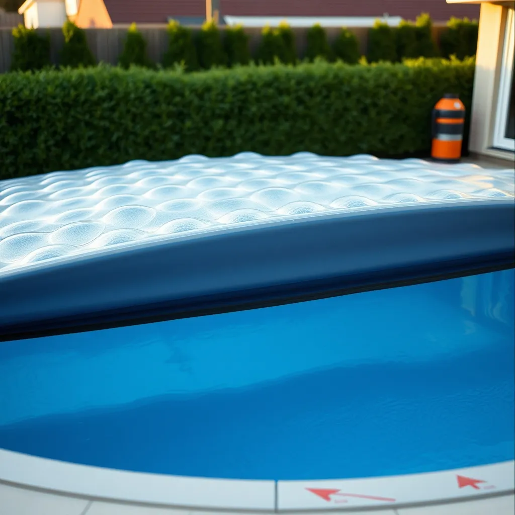 Bâche à bulles partiellement enroulée sur une piscine hors sol, complément idéal de la PAC
